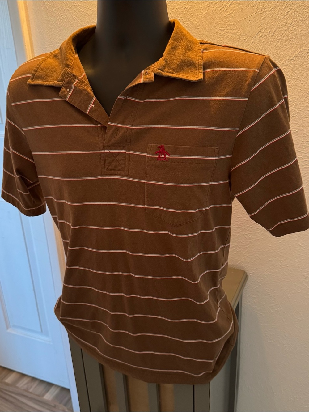 Original Penguin Brown Striped Polo with Pink Accent